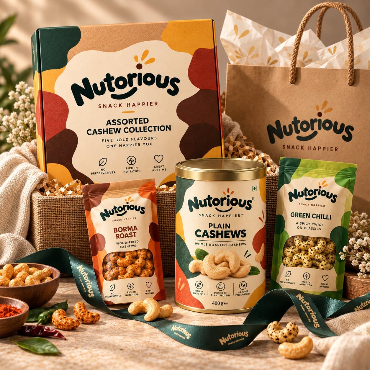 A Nutorious gift hamper with the assorted cashew collection box, a tin, pouches and a kraft gift bag