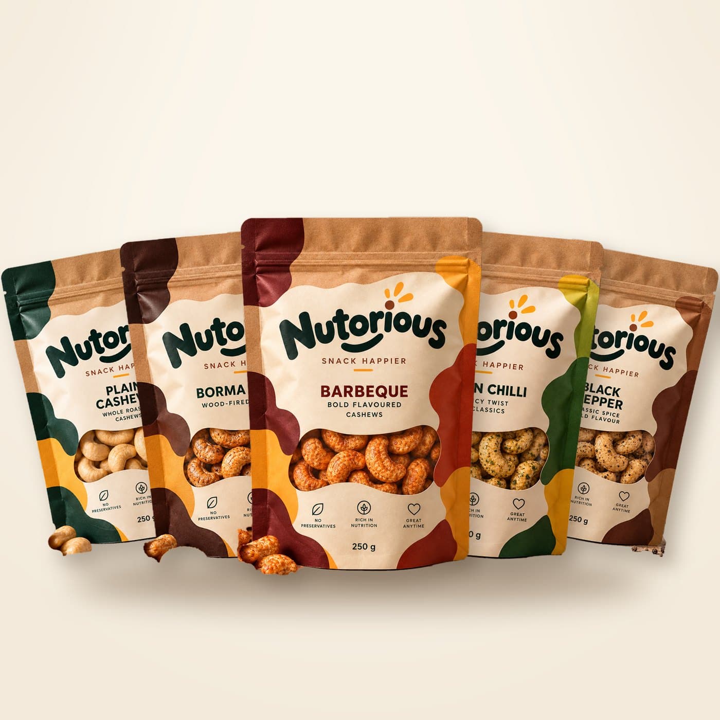 The five Nutorious cashew flavours in their kraft pouches