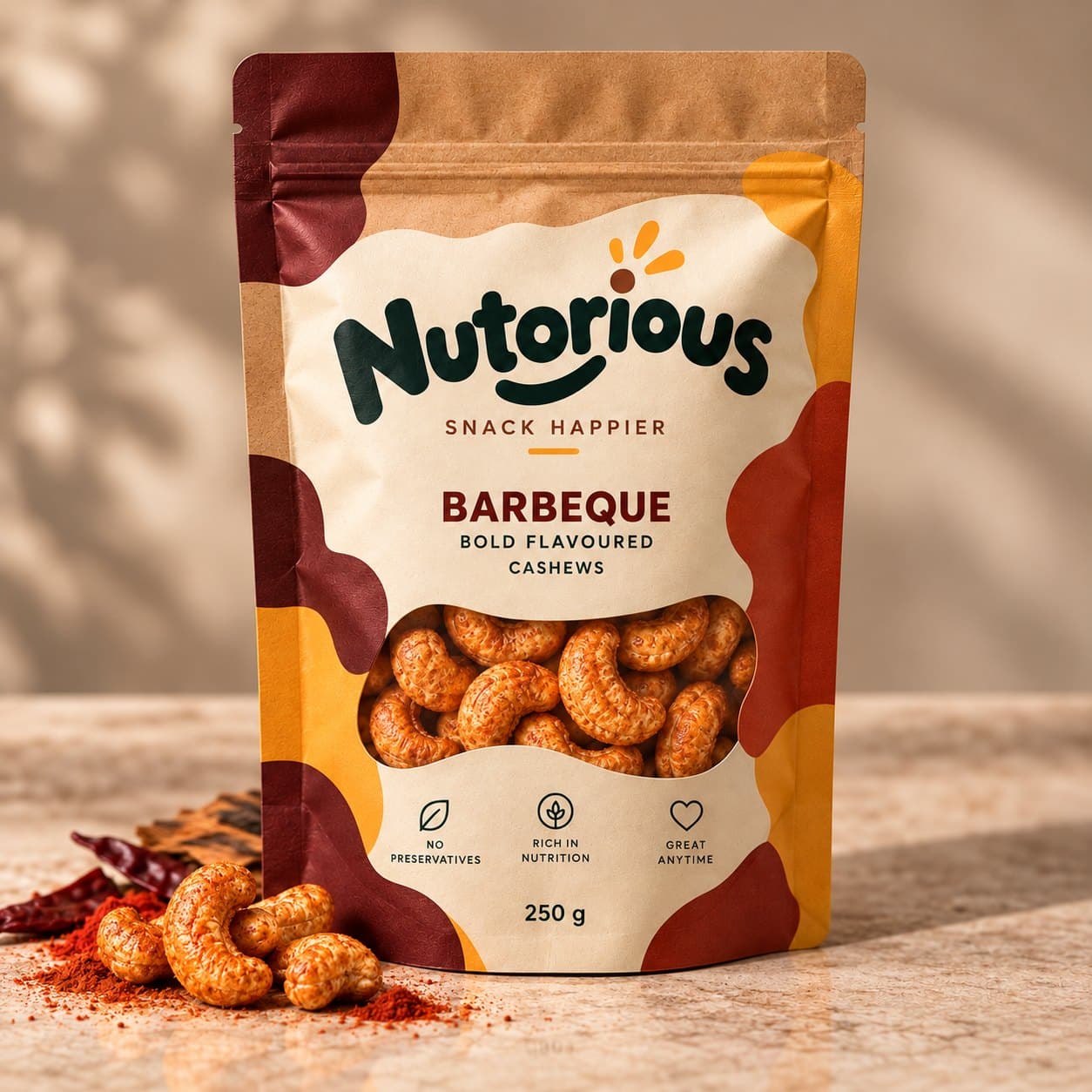 Nutorious Barbeque cashews 250 g pouch with chilli powder
