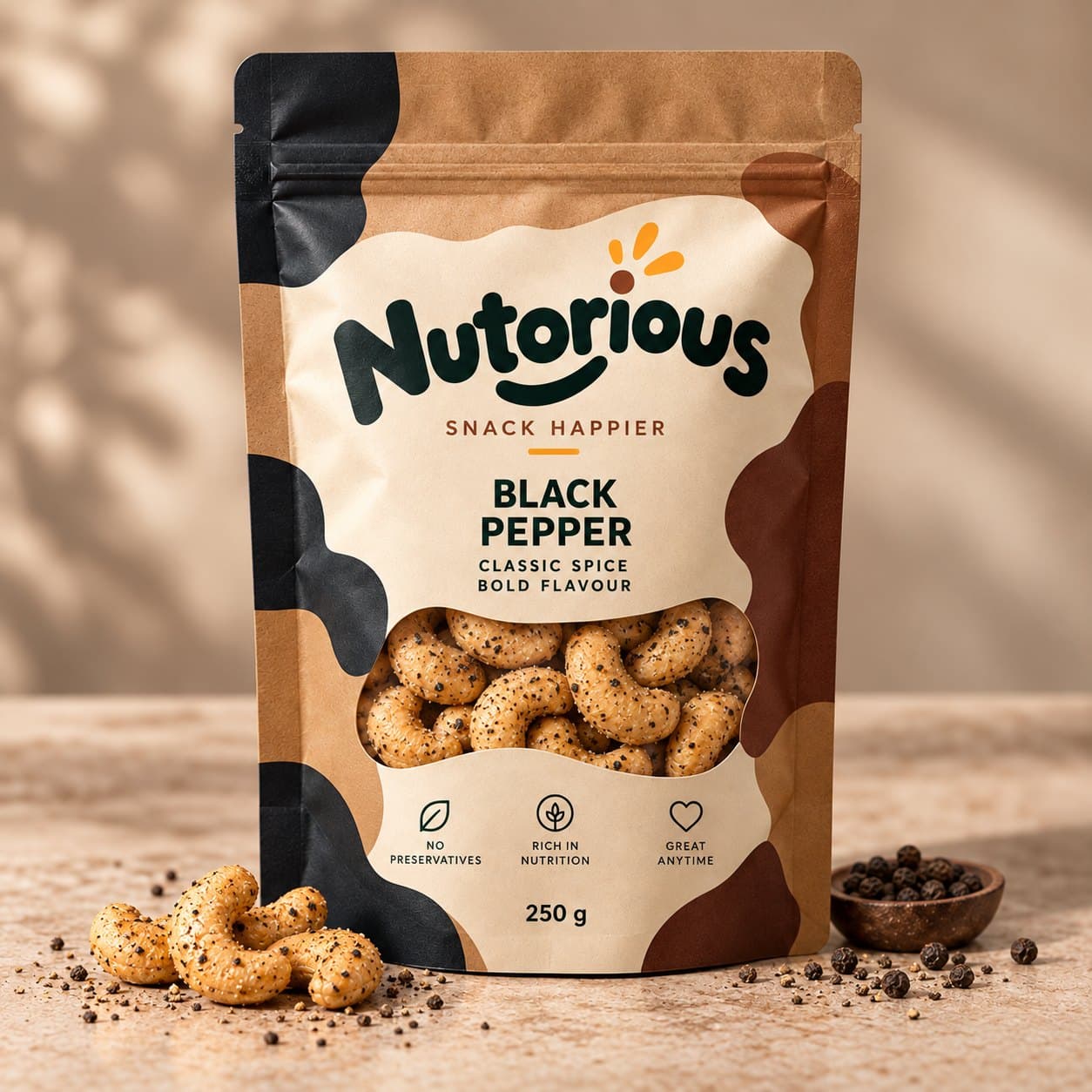 Nutorious Black Pepper cashews 250 g pouch with a bowl of peppercorns
