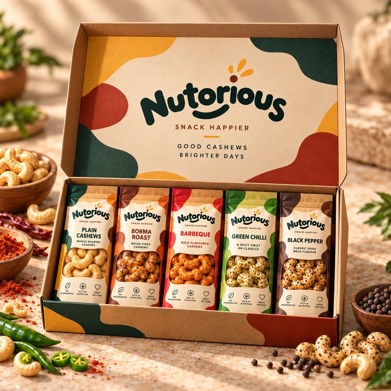 Nutorious Five gift box, open, with Plain, Borma Roast, Barbeque, Green Chilli and Black Pepper pouches