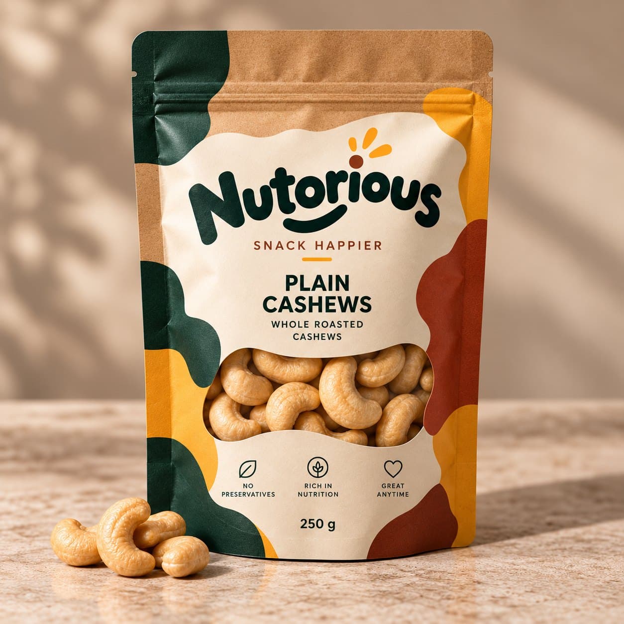 Nutorious Plain Cashews 250 g kraft pouch with whole roasted cashews