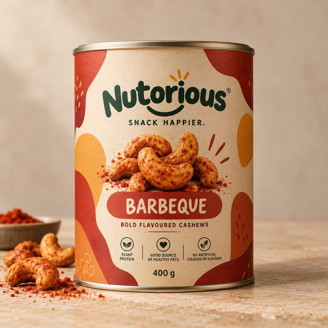 Nutorious Barbeque cashews in a 400 g refillable tin