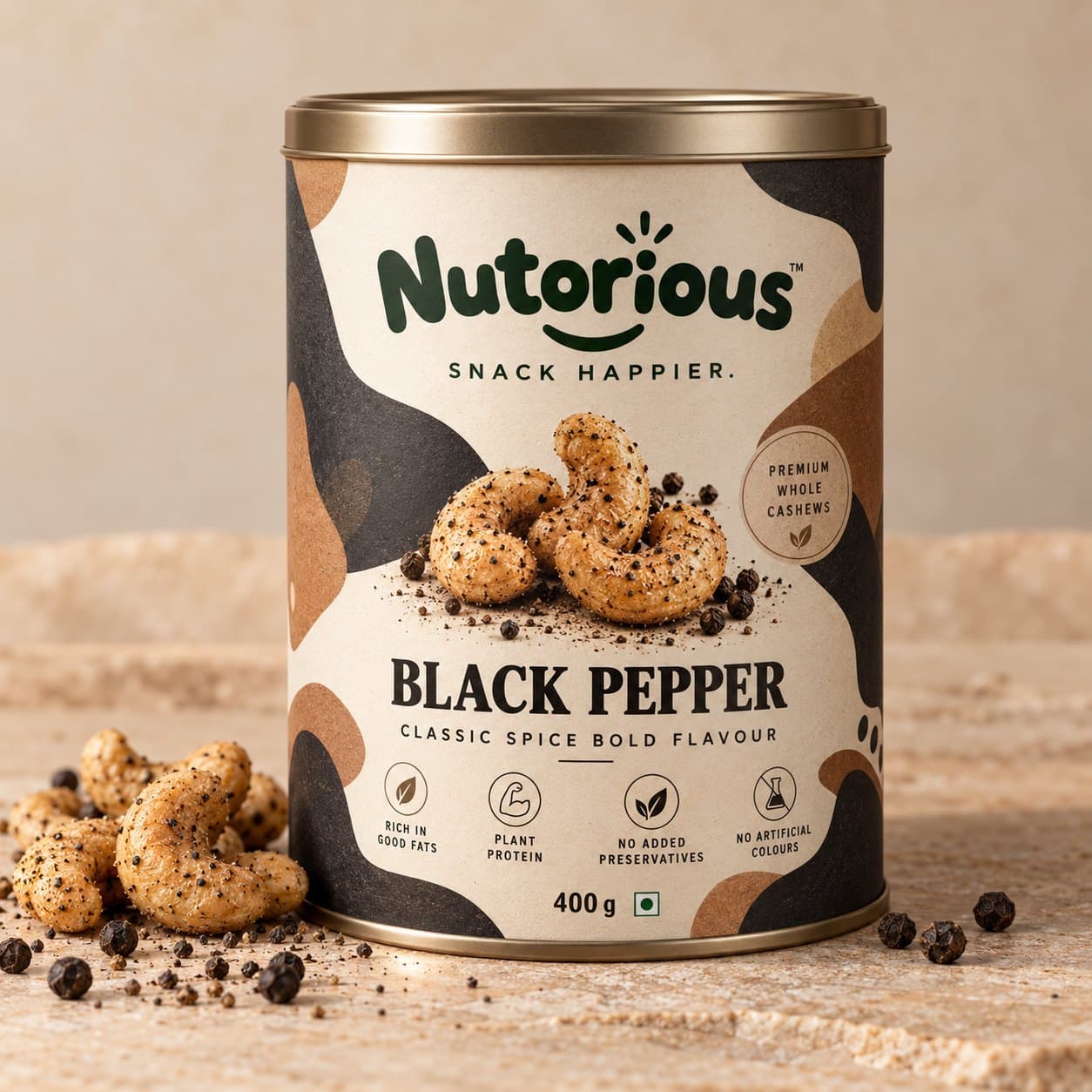 Nutorious Black Pepper cashews in a 400 g refillable tin