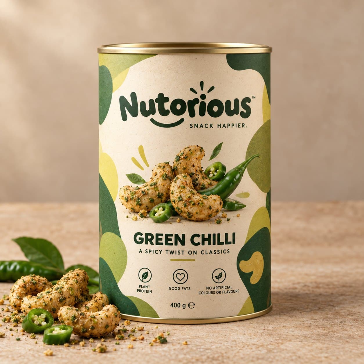 Nutorious Green Chilli cashews in a 400 g refillable tin