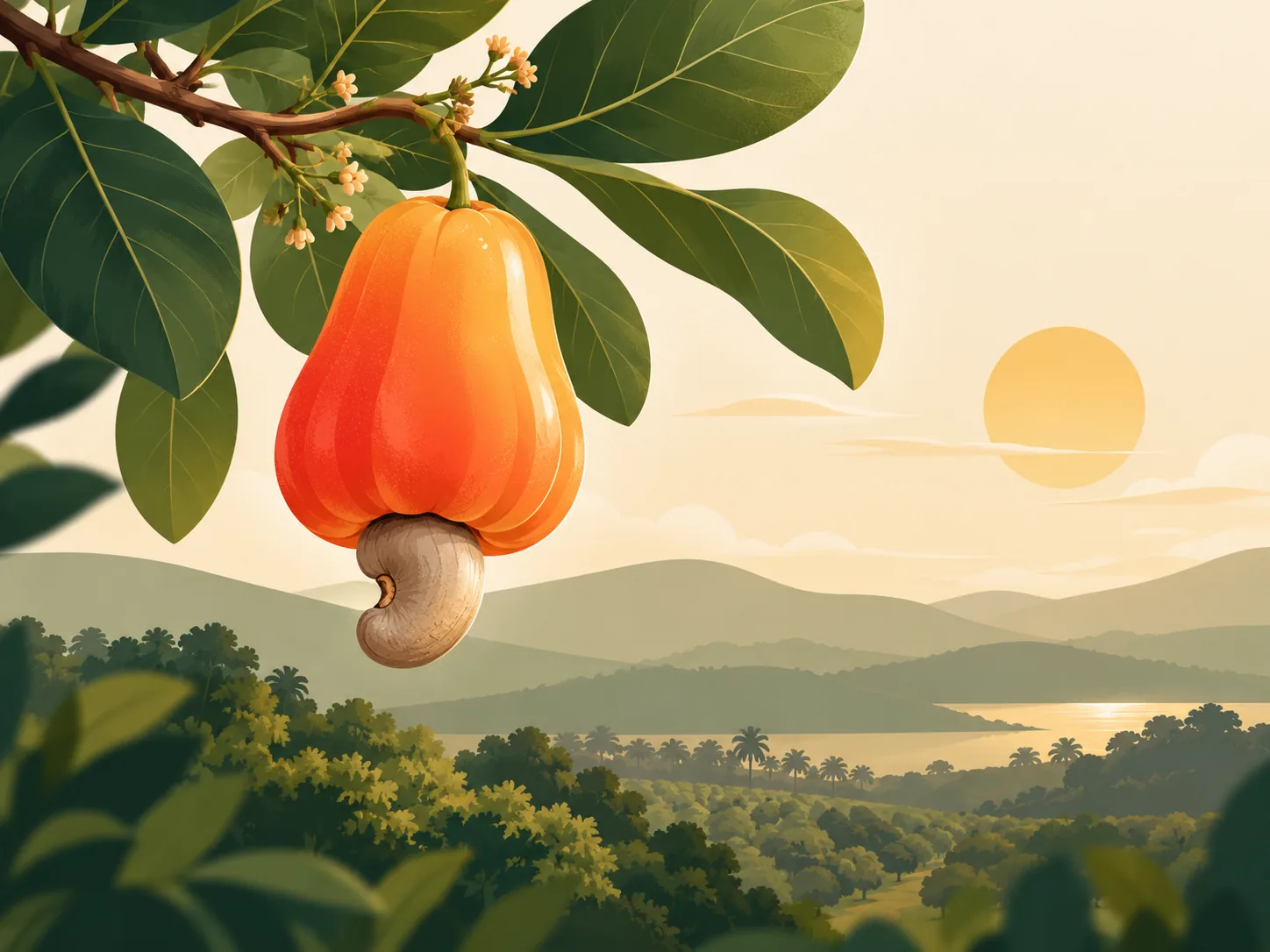 A ripe cashew apple with its nut, hanging from the branch above a Kerala valley at sunrise