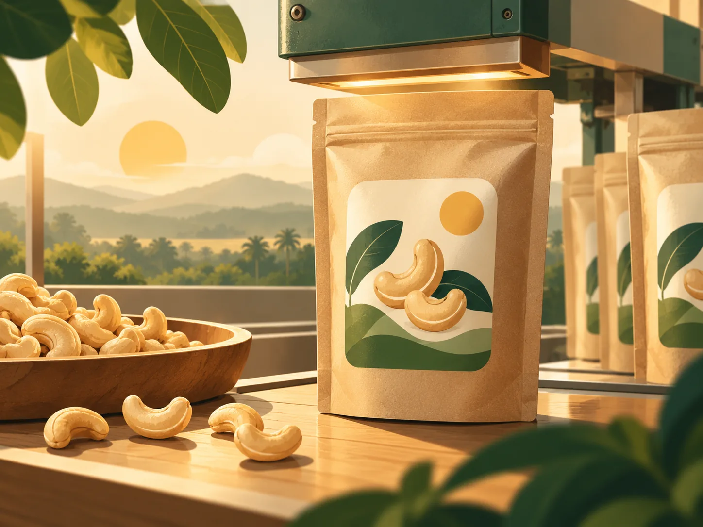 A kraft pouch being heat-sealed beside a bowl of cashews