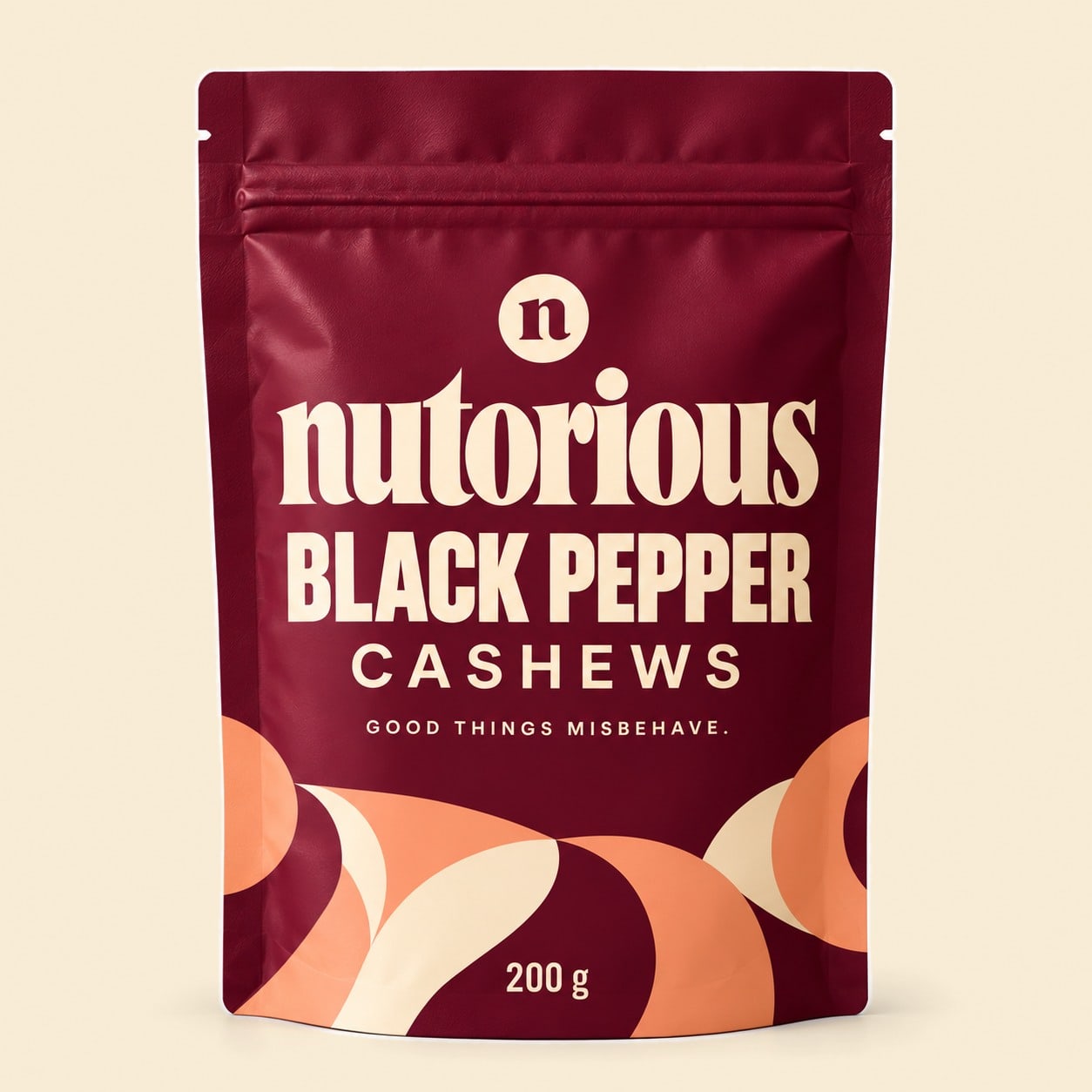 Nutorious Black Pepper Cashews in a 200 g plum pouch.