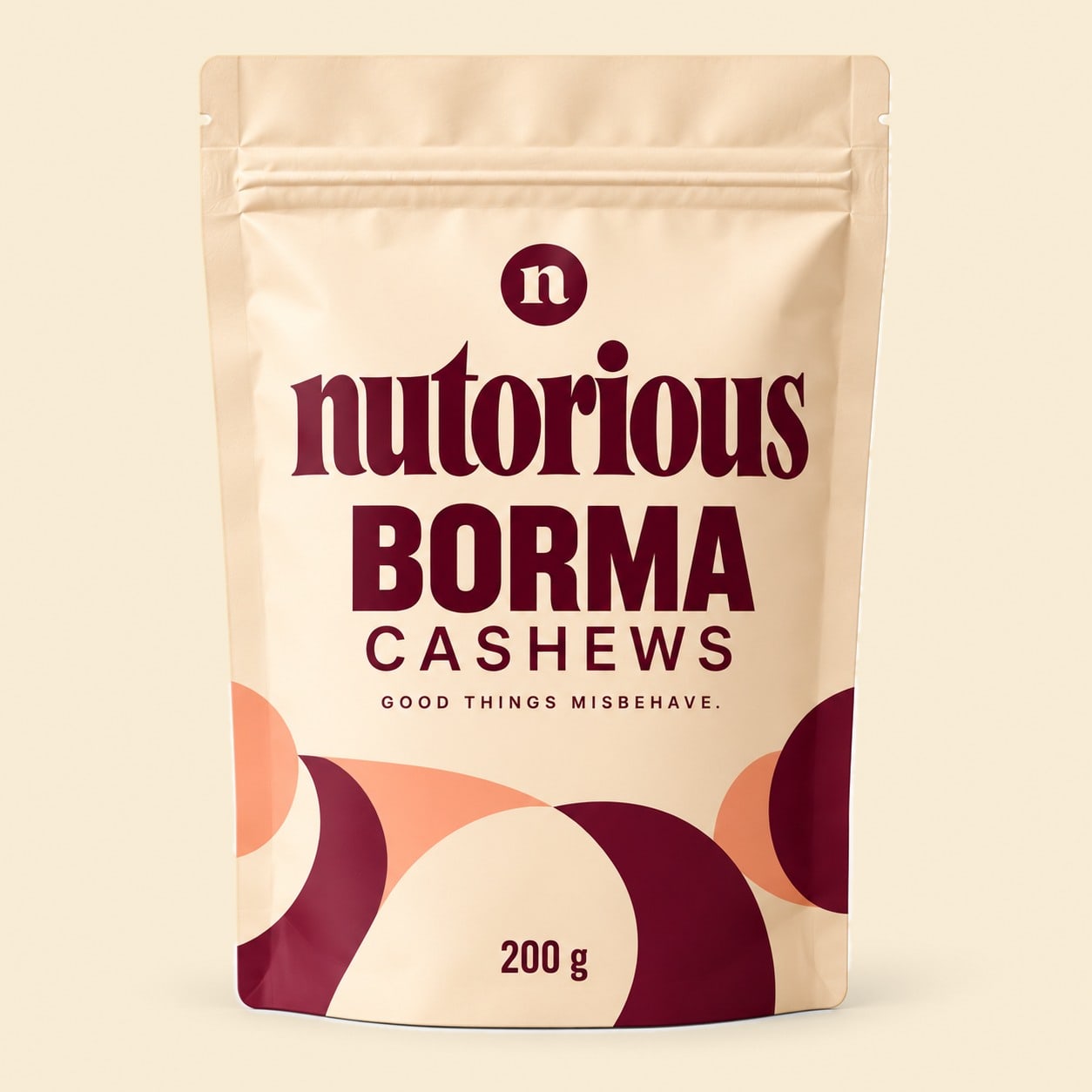 Nutorious Borma Cashews in a 200 g cream pouch.