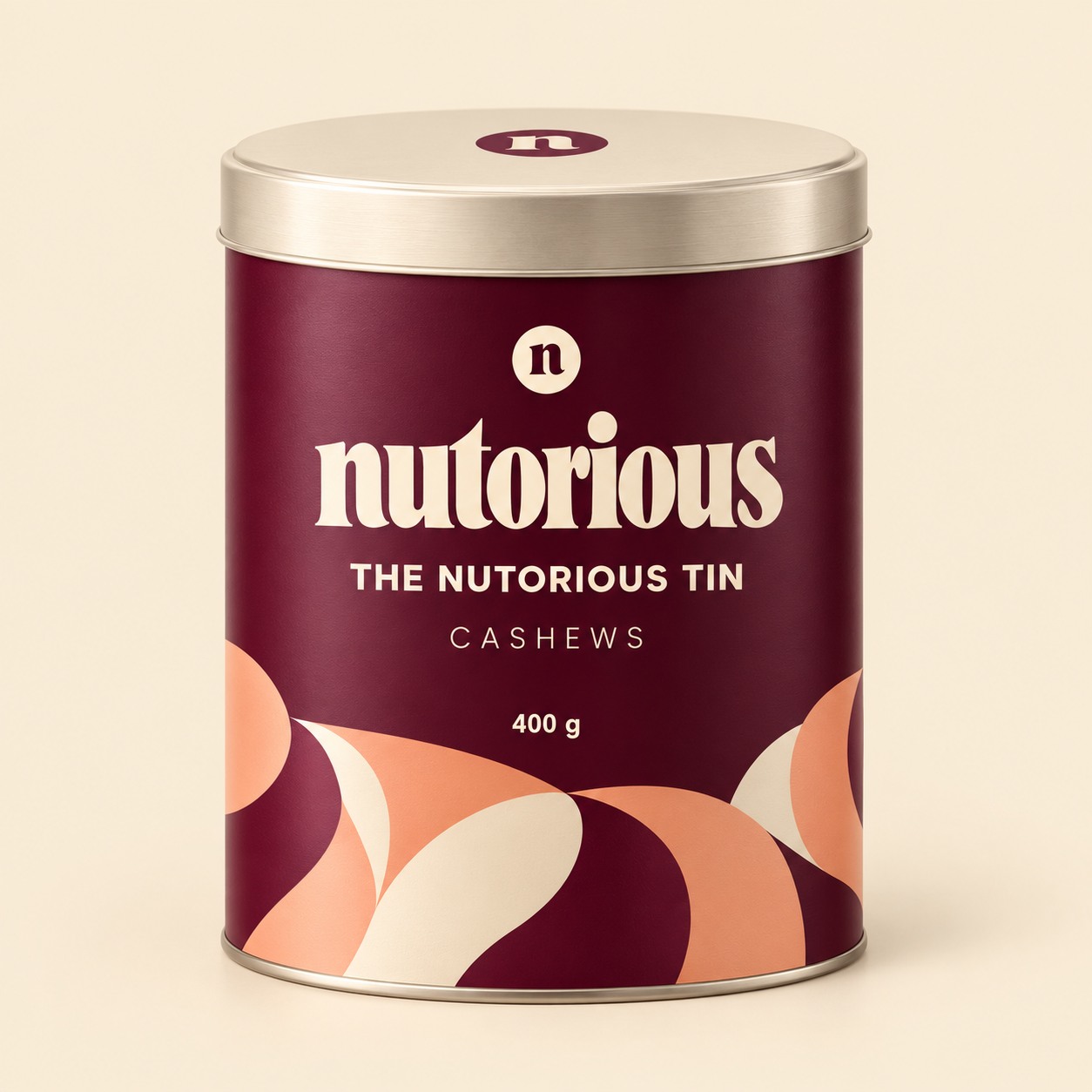 Nutorious 400 g plum metal tin with a fitted lid.